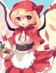 Rule 34 | 1girl, alcohol, apron, basket, blonde hair, blush, bottle, bow, bread, breasts, capelet, cosplay, cowboy shot, crystal, dress, fang, flandre scarlet, food, hair ribbon, hood, hooded capelet, little red riding hood, little red riding hood (grimm), little red riding hood (grimm) (cosplay), looking at viewer, multicolored background, open mouth, outline, paragasu (parags112), petticoat, red bow, red capelet, red eyes, red hood, ribbon, short hair, side ponytail, simple background, small breasts, smile, solo, standing, touhou, underbust, waist apron, white outline, wine, wing bow, wings
