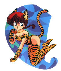 Rule 34 | 1990s (style), 1girl, animal ears, animal print, ass, bare shoulders, bell, blue eyes, braid, breasts, cleavage, fake animal ears, fake tail, full body, gloves, gradient background, highleg, highleg leotard, highres, jingle bell, leotard, looking at viewer, looking to the side, official art, open mouth, paw pose, ranma-chan, ranma 1/2, red hair, retro artstyle, scan, short hair, simple background, single braid, solo, striped legwear, tail, tiger ears, tiger print, tiger tail