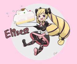 Rule 34 | 1girl, absurdres, aristocratic clothes, black dress, blonde hair, boots, cake, character name, dress, drill hair, earrings, elise (fire emblem), fire emblem, fire emblem heroes, food, highres, holding, holding cake, holding food, holding plate, jewelry, looking at viewer, multicolored hair, nintendo, open mouth, pink background, plate, pucipumpkin, purple eyes, purple hair, solo, streaked hair, teeth, thigh boots, twin drills, twintails, upper teeth only