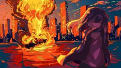 Rule 34 | 1girl, berryverrine, black hair, building, car, city, cityscape, closed eyes, cloud, cloudy sky, collarbone, crying, explosion, fire, flat color, highres, long hair, motor vehicle, night, open mouth, original, outdoors, scenery, sky, solo, standing, tears, wiping tears