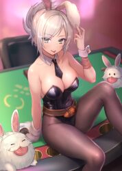 Rule 34 | 1girl, :p, bare shoulders, battle bunny riven, belt, black leotard, breasts, brown belt, brown pantyhose, carrot, cleavage, detached collar, hand up, highres, large breasts, league of legends, leotard, necktie, nyaamen fork, official alternate costume, pantyhose, poro (league of legends), riven (league of legends), shiny clothes, short necktie, sitting, sitting on table, smile, tongue, tongue out, wrist cuffs