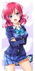 Rule 34 | 10s, 1girl, :o, blazer, blush, breasts, clothes lift, crossed arms, gradient background, jacket, looking at viewer, love live!, love live! school idol project, medium breasts, nishikino maki, open mouth, purple eyes, red hair, school uniform, short hair, skirt, skirt lift, smile, solo, striped, striped background, tyone, wind, wind lift