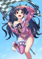 Rule 34 | 1girl, :d, arm up, artist request, bare shoulders, black hair, blush, checkered flag, collarbone, crown, earrings, fate/grand order, fate (series), female focus, flag, fur trim, hair ribbon, happy, highres, hoop earrings, ishtar (fate), ishtar (swimsuit rider) (fate), jacket, jewelry, long hair, long sleeves, looking at viewer, neck, off shoulder, open mouth, parted bangs, pink jacket, pink thighhighs, purple thighhighs, red eyes, ribbon, single thighhigh, smile, solo, thighhighs, toeless legwear, toes, tohsaka rin, two side up, type-moon, urayama (backmountain), very long hair