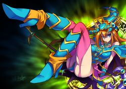 Rule 34 | 1girl, armor, blue dress, blue eyes, blue footwear, blue hat, boots, breasts, detached sleeves, dress, duel monster, fingernails, garter straps, green background, hair between eyes, hand to head, hand up, hat, high heel boots, high heels, highres, large breasts, leg up, long hair, looking at viewer, magician&#039;s valkyria, nail polish, orange hair, parted lips, pauldrons, pink thighhighs, reclining, red nails, ryuusei (mark ii), shoulder armor, signature, solo, staff, thighhighs, wizard hat, yu-gi-oh!