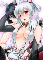 Rule 34 | 2girls, animal ears, bare shoulders, black gloves, black hair, black legwear, blue eyes, blush, breasts, choker, cleavage, closed mouth, collarbone, commentary request, earrings, elbow gloves, gem, gloves, grey hair, hair between eyes, hair ornament, hair rings, hand on another&#039;s head, hand on another&#039;s shoulder, hand up, highres, innocent cluster, jewelry, looking at viewer, matoi (pso2), medium breasts, midriff, multiple girls, navel, no bra, open mouth, phantasy star, phantasy star online 2, pink lips, pointy ears, ponytail, rabbit ears, red eyes, sidelocks, sitting, smile, sumeragi tomo, teeth, thighhighs, unzipping, upper body, upper teeth only, white gloves, zipper