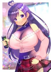 Rule 34 | 1girl, ahoge, breasts, can, commentary request, copyright request, energy drink, hand on own hip, heart, heart ahoge, holding, holding can, jacket, kou hiyoyo, large breasts, long hair, long sleeves, monster energy, off shoulder, parted bangs, pink jacket, plaid, plaid skirt, puffy long sleeves, puffy sleeves, purple eyes, purple hair, purple shirt, red skirt, shirt, skirt, sleeveless, sleeveless shirt, sleeves past wrists, solo, unmoving pattern, very long hair, virtual youtuber
