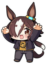 Rule 34 | 1girl, :3, animal ears, black jacket, black pants, blush, brown hair, chibi, commentary request, ear ornament, full body, hair over one eye, highres, horse ears, horse girl, horse tail, jacket, long hair, long sleeves, looking at viewer, multicolored hair, official alternate costume, open clothes, open jacket, pants, paw pose, plover, ponytail, print shirt, shirt, simple background, solo, streaked hair, tail, umamusume, vodka (umamusume), white background, white hair, yellow shirt