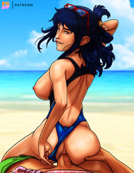 Rule 34 | 1boy, 1girl, anal, ass, ass grab, back, beach, blue hair, breasts, clothed sex, competition swimsuit, day, eyewear on head, half updo, happy sex, hetero, highres, large breasts, long hair, looking at viewer, looking back, nipples, nose, one-piece swimsuit, one-shoulder tunic, one breast out, one piece, outdoors, penis, ponpu (pumpkinsinclair), pov, red-framed eyewear, reverse cowgirl position, sex, sex from behind, shiny skin, smile, straddling, swimsuit, tashigi, uncensored