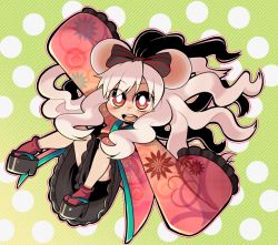 Rule 34 | 1girl, animal ears, blush, bow, bright pupils, brown eyes, cartoonized, clog sandals, falling, floral print, frilled kimono, frilled sleeves, frills, full body, gradient background, green background, hair bow, japanese clothes, kimono, long hair, long sleeves, looking at viewer, mouse ears, nezubi, okobo, open mouth, original, outline, outstretched arms, polka dot, polka dot background, red eyes, red legwear, round teeth, sandals, sleeves past wrists, smile, sokushi, solo, soxy, spread arms, striped, striped bow, tabi, teeth, toon (style), wavy hair, white hair, white pupils, wide sleeves