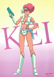 Rule 34 | 1980s (style), 1girl, absurdres, arm strap, boots, character name, dirty pair, earrings, full body, gloves, gradient background, gun, hand on own hip, handgun, headband, highres, holding, holding gun, holding weapon, holster, jewelry, kei (dirty pair), knee boots, navel, official art, oldschool, red eyes, red hair, retro artstyle, scan, short hair, single glove, smile, solo, standing, weapon, wristband