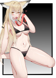 1girl absurdres animal_ear_fluff animal_ears arknights barefoot black_bow black_bra black_panties blonde_hair blush bow bra braid chinese_commentary closed_mouth commentary_request condom condom_in_mouth detached_collar facial_scar fox_ears fox_girl hair_ornament hand_up heart heart-shaped_pupils highres long_hair looking_at_viewer mature_female mouth_hold multicolored_hair muusn navel necktie orange_eyes panties red_necktie scar scar_on_cheek scar_on_face sitting smile solo symbol-shaped_pupils underwear vulpisfoglia_(arknights) wariza white_hair