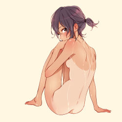 Rule 34 | 1girl, ass, back, bad id, bad pixiv id, barefoot, blush, brown hair, completely nude, covering own mouth, feet, full body, hair between eyes, highres, looking back, nipples, nude, one-piece tan, original, simple background, sitting, solo, tan, tanline, teti, thighs, toes, wet