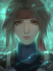 Rule 34 | 1girl, armor, brown hair, chaosringen, closed mouth, eyelashes, final fantasy, final fantasy vii, final fantasy vii remake, glowing, headband, highres, jessie rasberry, light particles, light smile, looking at viewer, portrait, short hair, smile, solo, square enix, turtleneck, yellow eyes