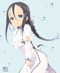 Rule 34 | 1girl, artist logo, artist name, black hair, blue background, blue eyes, blush, braid, braided ponytail, bralines, commentary request, cowboy shot, dress, frown, hair between eyes, hair ornament, hairclip, hand on own arm, high collar, kurasawa kyoushou, leaning forward, long hair, long sleeves, looking at viewer, open mouth, original, pantylines, pelvic curtain, polka dot, polka dot background, see-through, single braid, solo, standing, vietnamese dress, water drop, wet, wet clothes, wet dress, white dress, x hair ornament