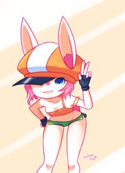 Rule 34 | 1girl, armlet, black gloves, blue eyes, breasts, cleavage, collarbone, drantyno, fingerless gloves, gloves, green shorts, grin, hand on own hip, hat, leaning forward, looking at viewer, midriff, navel, orange hat, orange shirt, pink hair, rabbit ears, rabbit girl, rabbit tail, shirt, short hair, short shorts, shorts, small breasts, smile, standing, striped background, tank top, teeth, v, yellow background
