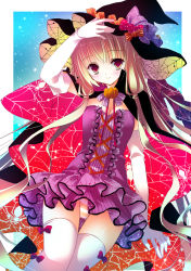 Rule 34 | 1girl, arm up, blonde hair, blush, bow, breasts, candy, cape, cleavage, dress, elbow gloves, food, gloves, halloween, hat, long hair, looking at viewer, medium breasts, natsuki coco, original, panties, pink eyes, silk, smile, solo, spider web, spider web print, striped clothes, striped panties, thighhighs, twintails, underwear, very long hair, white thighhighs, witch hat
