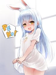 Rule 34 | 1girl, alternate costume, alternate hairstyle, animal ear fluff, animal ears, blush, bottomless, breasts, highres, hololive, long hair, looking at viewer, open mouth, rabbit ears, sasamashin, shirt, small breasts, solo, t-shirt, thick eyebrows, usada pekora, virtual youtuber, window, yellow eyes
