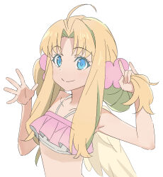 Rule 34 | 1girl, ahoge, bare arms, bikini, blonde hair, blue eyes, closed mouth, filo (tate no yuusha no nariagari), flat chest, frilled bikini, frills, hair intakes, hair ornament, hair scrunchie, hand in own hair, hands up, kojy, long hair, looking at viewer, outstretched hand, parted bangs, pink bikini, pink scrunchie, scrunchie, sidelocks, simple background, sketch, smile, solo, swimsuit, tate no yuusha no nariagari, twintails, upper body, white background, wings, yellow wings