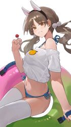Rule 34 | absurdres, animal ears, bikini, blue archive, blue bikini, blush, breasts, brown hair, candy, cropped shirt, fake animal ears, food, grin, highres, holding, holding candy, holding food, innertube, lollipop, medium breasts, moe (blue archive), navel, pom pom (clothes), rabbit ears, shirt, side-tie bikini bottom, smile, starshell, swim ring, swimsuit, thighhighs, twintails, white shirt, white thighhighs