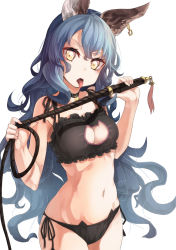 Rule 34 | 10s, 1girl, animal ears, bad id, bad nicoseiga id, bell, black bra, black panties, blue hair, blush, bra, breasts, cat cutout, cat ear panties, cat lingerie, choker, cleavage, cleavage cutout, clothing cutout, earrings, erune, ferry (granblue fantasy), granblue fantasy, highres, hoop earrings, jewelry, jingle bell, large breasts, long hair, looking at viewer, meme attire, navel, neck bell, open mouth, panties, rabbit ears, saraki, side-tie panties, simple background, single earring, solo, tongue, tongue out, underwear, underwear only, whip, yellow eyes