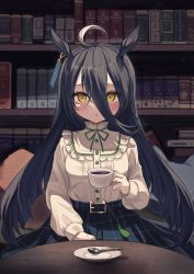 Rule 34 | 1girl, absurdres, animal ears, black hair, coffee, coffee cup, commentary request, cup, disposable cup, hair between eyes, highres, holding, holding cup, horse ears, horse girl, karunabaru, looking at viewer, manhattan cafe (umamusume), solo, umamusume, yellow eyes