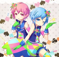 Rule 34 | 1boy, 1girl, ;d, blue eyes, blue hair, blueberry (5959), blush, bow, braid, brother and sister, checkered clothes, checkered legwear, dorothy west, dress, gloves, hair bow, highres, reona west, looking at viewer, mole, mole under eye, one eye closed, open mouth, pink eyes, pink hair, pretty series, pripara, short hair, shorts, siblings, smile, sweatdrop, trap, twins