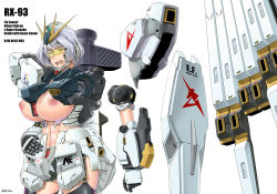 Rule 34 | 1girl, abs, absurdres, armor, between breasts, black thighhighs, blush, breasts, buckle, char&#039;s counterattack, character profile, cowboy shot, curvy, ear protection, embarrassed, english text, fang, fin funnels, furrowed brow, garter straps, gundam, headgear, headpiece, highres, huge breasts, looking down, measurements, mecha musume, nipples, nu gundam, open mouth, personification, saizu nitou gunsou, severed limb, shield, short hair, silver hair, simple background, solo, standing, tears, thighhighs, tinted eyewear, twitter username, visor, white background, wide-eyed, yellow-tinted eyewear, yellow-tinted glasses, yellow eyes