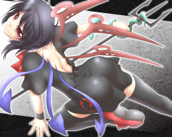 Rule 34 | 1girl, ass, asymmetrical wings, back, bare back, black hair, black thighhighs, female focus, gradient background, houjuu nue, polearm, red eyes, short hair, smile, snake, solo, spear, thighhighs, touhou, trident, weapon, wings, yoshi tama, zettai ryouiki
