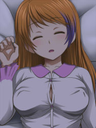 Rule 34 | 10s, 1girl, alternate hairstyle, aquarion (series), aquarion evol, awa, blush, breasts, buttons, cleavage, covered erect nipples, closed eyes, hair down, large breasts, long hair, lying, mix (aquarion), multicolored hair, on back, open mouth, orange hair, pajamas, purple hair, sleeping, solo, two-tone hair, upper body
