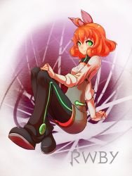 Rule 34 | 1girl, absurdres, ahoge, android, azure (azurebladexiii), black thighhighs, bob cut, boots, bow, copyright name, dress, green eyes, hair bow, hand on own knee, highres, long sleeves, looking at viewer, orange hair, penny polendina, rwby, short hair, smile, solo, thigh boots, thighhighs