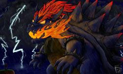 Rule 34 | armlet, bowser, bracelet, breath weapon, breathing fire, claws, cloud, collar, darkness, electricity, fangs, fire, fury bowser, glowing, glowing eyes, glowing hair, highres, horns, jewelry, lightning, male focus, mario, mario (series), nintendo, ocean, rain, red eyes, red hair, richart, self-upload, spiked armlet, spiked bracelet, spiked collar, spiked shell, spikes, storm, super mario 3d world, thunder