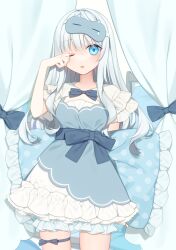 Rule 34 | 1girl, ;o, blue bow, blue dress, blue eyes, bow, breasts, curtains, dress, eye mask, frilled dress, frilled pillow, frills, highres, long hair, looking at viewer, mask, mask on head, one eye closed, open mouth, original, pillow, short sleeves, sleep mask, small breasts, solo, thigh strap, white hair, yachishi orca