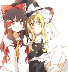 Rule 34 | 2girls, apron, ascot, black vest, blonde hair, bow, braid, brown eyes, brown hair, closed mouth, commentary, detached sleeves, frilled bow, frilled hair tubes, frills, hair bow, hair tubes, hakurei reimu, hand on headwear, hat, hat bow, kirisame marisa, light blush, long hair, multiple girls, puffy short sleeves, puffy sleeves, red bow, ribbon-trimmed sleeves, ribbon trim, sasaki sakiko, short sleeves, side braid, single braid, sitting, smile, touhou, vest, waist apron, white apron, white bow, witch hat, yellow ascot, yellow eyes
