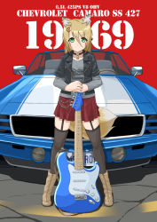 Rule 34 | 1girl, animal ear fluff, arai kogane, black jacket, black thighhighs, blonde hair, boots, brown footwear, car, chevrolet camaro, closed mouth, commentary, dress, full body, garter straps, green eyes, grey shirt, hair between eyes, highres, holding, holding instrument, instrument, jacket, layered dress, layered sleeves, long sleeves, looking at viewer, motor vehicle, muscle car, open clothes, open jacket, original, plaid, plaid skirt, red skirt, shirt, short sleeves, skirt, smile, solo, standing, thighhighs