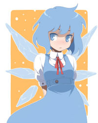 Rule 34 | 1girl, arms behind back, bad id, bad pixiv id, blue eyes, blue hair, blush, cirno, dress, freckles, ice, ice wings, looking at viewer, maskman, matching hair/eyes, orange background, outside border, short hair, simple background, solo, standing, touhou, white background, wings