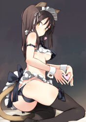 Rule 34 | 1girl, animal ears, arm ribbon, ass, bare shoulders, black bow, black panties, black ribbon, black thighhighs, bow, breasts, brown hair, cat ears, cat girl, cat tail, eleonore giovanna gassion, heart, heart hands, long hair, looking at viewer, luminous witches, maid headdress, medium breasts, panties, ribbon, shimada fumikane, smile, solo, tail, thighhighs, underwear, world witches series, wrist cuffs