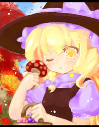 Rule 34 | 1girl, 23, 23 (candy chapus), ;o, autumn leaves, basket, blonde hair, blush, bow, braid, bush, cloud, day, female focus, flat chest, frills, from side, hair bow, hat, hat bow, holding, kirisame marisa, leaf, letterboxed, long hair, looking at viewer, mushroom, one eye closed, open mouth, outdoors, puffy sleeves, ribbon trim, side braid, signature, sky, solo, touhou, turtleneck, witch hat, yellow eyes