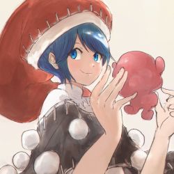 Rule 34 | 1girl, :3, beige background, black capelet, blob, blue eyes, blue hair, capelet, closed mouth, doremy sweet, floating, floating object, hands up, hat, light blush, looking at viewer, looking to the side, nightcap, pom pom (clothes), red hat, shishi osamu, short hair, sidelocks, simple background, smirk, solo, swept bangs, touhou, turtleneck, upper body
