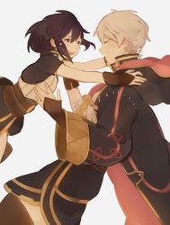 Rule 34 | 1boy, 1girl, black hair, closed eyes, crying, elbow gloves, father and daughter, fire emblem, fire emblem awakening, gloves, highres, morgan (female) (fire emblem), morgan (fire emblem), nintendo, pararade, robin (fire emblem), robin (male) (fire emblem), simple background, smile, tears, white hair