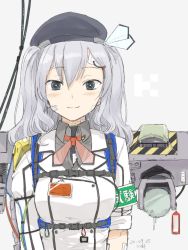 Rule 34 | 1girl, artist name, beret, black hat, blush, closed mouth, collared shirt, dated, grey background, grey eyes, grey shirt, hair between eyes, hat, kantai collection, kashima (kancolle), kawashina (momen silicon), long hair, long sleeves, machinery, shirt, signature, silver hair, simple background, smile, solo, twintails, upper body