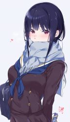 Rule 34 | bag, black hair, blue hair, blue neckerchief, blue scarf, blush, breasts, breath, brown serafuku, commentary, covered mouth, enpera, gift, heart, hibike! euphonium, highres, holding, holding gift, kitauji high school uniform, kuziaaizuk, long hair, looking at viewer, medium breasts, neckerchief, red eyes, sailor collar, scarf, scarf over mouth, school bag, school uniform, serafuku, simple background, spoken heart, symbol-only commentary, upper body, white background, white sailor collar, yoroizuka mizore