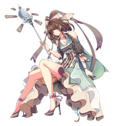 Rule 34 | 1girl, bow, breasts, brown dress, brown footwear, brown hair, cape, cleavage, dress, food fantasy, full body, green cape, green eyes, hair bow, high heels, highres, invisible chair, k0zuki, looking at viewer, medium breasts, medium hair, personification, sidelocks, simple background, sitting, smile, solo, spoon, tiramisu, white background, wristband