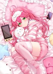 Rule 34 | 1girl, absurdres, ass, candy, cellphone, closed mouth, food, green eyes, hair between eyes, hair ornament, hairclip, highres, hololive, ineka ka, long sleeves, lying, mask, nintendo switch, phone, pillow, pink hair, pink hood, pink shorts, pink thighhighs, sakura miko, shirt, shorts, smartphone, smile, solo, striped clothes, striped shirt, stuffed animal, stuffed cat, stuffed toy, thighhighs, virtual youtuber