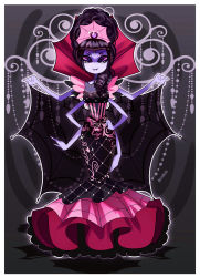 Rule 34 | 1girl, alternate costume, alternate hairstyle, arthropod girl, artist name, black hair, colored skin, commentary, dress, extra arms, extra eyes, fangs, frilled dress, frills, hands on own hips, highres, insect girl, looking at viewer, muffet, purple eyes, purple skin, rotodisk, see-through, silk, smile, solo, spider girl, spider web, undertale, veil
