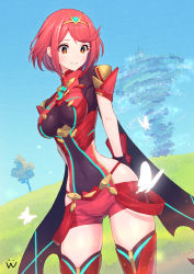 Rule 34 | 1girl, black gloves, breasts, bug, butterfly, chest jewel, day, earrings, fingerless gloves, gem, gloves, headpiece, insect, jewelry, kusasugimath, medium breasts, pyra (xenoblade), red eyes, red hair, red shorts, red thighhighs, short hair, short shorts, shorts, sky, solo, swept bangs, thighhighs, tiara, tree, xenoblade chronicles (series), xenoblade chronicles 2