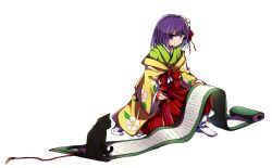 Rule 34 | 1girl, animal, baba (baba seimaijo), black cat, bow, brush, cat, commentary request, floral print, flower, hair flower, hair ornament, hakama, hakama skirt, hieda no akyuu, highres, japanese clothes, kimono, kneeling, looking to the side, on one knee, purple eyes, purple hair, red bow, scroll, short hair, skirt, tachi-e, touhou, transparent background