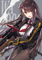 Rule 34 | 1girl, asymmetrical bangs, bad id, bad twitter id, black gloves, black hair, black pantyhose, breasts, bullpup, character name, girls&#039; frontline, gloves, grey background, gun, hair ribbon, high-waist skirt, large breasts, long hair, long sleeves, looking at viewer, miniskirt, necktie, noy, one side up, open mouth, pantyhose, pelvic curtain, red eyes, ribbon, rifle, sidelocks, skirt, sniper rifle, solo, tsurime, very long hair, wa2000 (girls&#039; frontline), walther, walther wa 2000, weapon