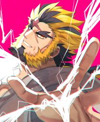 Rule 34 | 1boy, absurdres, aiming, aiming at viewer, bara, beard, blonde hair, electricity, electrokinesis, facial hair, forked eyebrows, full beard, head tilt, highres, hiwen-d, looking at viewer, male focus, mature male, multicolored hair, open hand, original, outstretched arm, short hair, solo, streaked beard, thick beard, thick eyebrows, two-tone hair, upper body