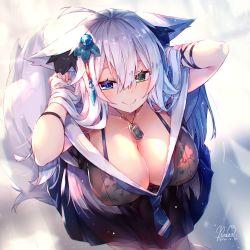 Rule 34 | 1girl, animal ear fluff, animal ears, blue eyes, blush, breasts, cleavage, collarbone, dog tags, green eyes, hair ornament, hands in hair, heterochromia, highres, large breasts, long hair, looking at viewer, necktie, off shoulder, original, rozea (graphmelt), sidelocks, skirt, smile, solo, tail
