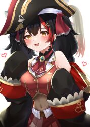 Rule 34 | 1girl, animal ears, ascot, black choker, black coat, black hair, black hat, blush, breasts, choker, cleavage, coat, cosplay, covered navel, cropped jacket, frilled choker, frills, hair ornament, hair ribbon, hat, heart, highres, hololive, houshou marine, houshou marine (1st costume), houshou marine (cosplay), large breasts, leotard, leotard under clothes, long hair, long sleeves, looking at viewer, miniskirt, multicolored hair, navel, nyuyosuke o shigoto boshuuchu, ookami mio, open mouth, pirate hat, pleated skirt, red ascot, red coat, red hair, red ribbon, red skirt, ribbon, skirt, sleeveless, sleeveless jacket, sleeves past fingers, sleeves past wrists, smile, solo, streaked hair, twintails, two-sided coat, two-sided fabric, virtual youtuber, wolf ears, wolf girl, x hair ornament, yellow eyes